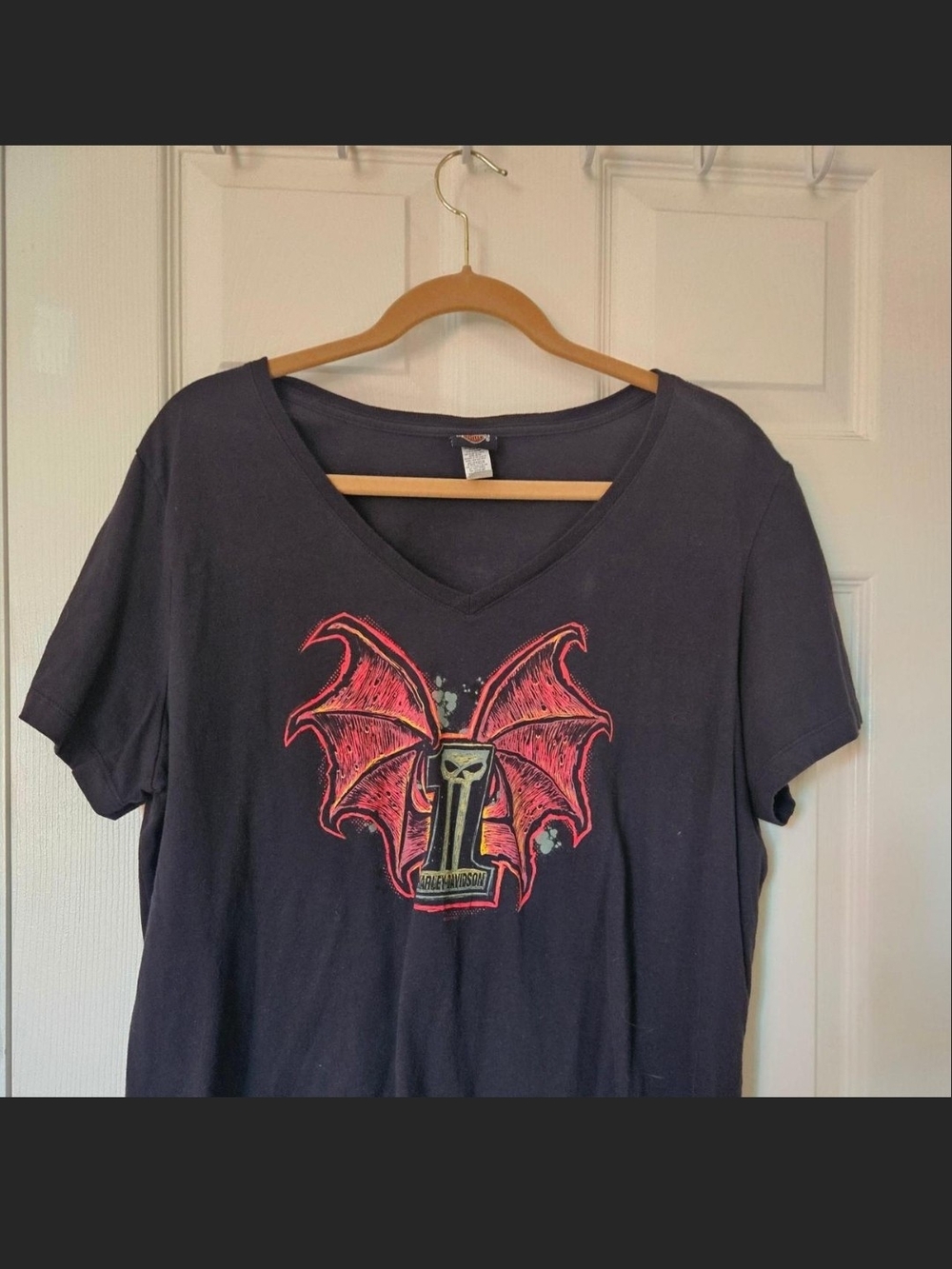 Harley-Davidson Black V-Neck Tee with Red and Gold Bat Wing Graphic